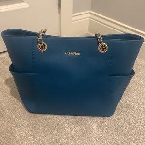 Calvin Klein Teal Saffiano Leather Chain Tote